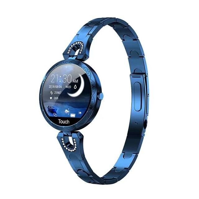 Blaue wasserdichte Fitnessuhr für Frauen, stilvoll und funktional, Seitenansicht mit farbigem Display und Armband.