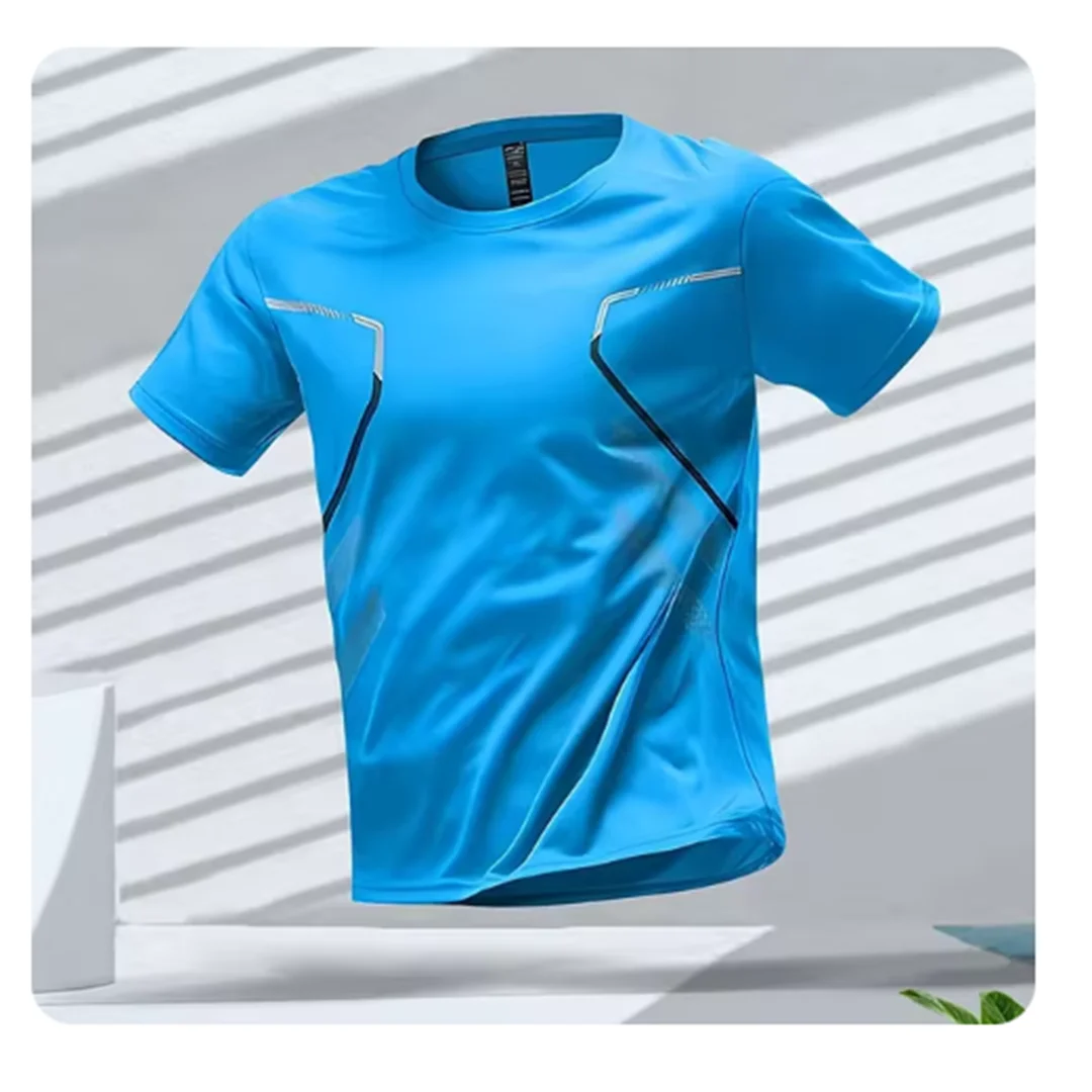 Blaues Herren Sport T-Shirt, atmungsaktiv, schnelltrocknend, ergonomisches Design für maximale Bewegungsfreiheit.