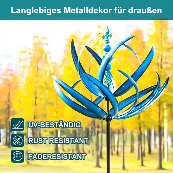 Blaues Metall-Windspiel im robusten Design für den Garten, elegantes Dekor für Außenbereiche.