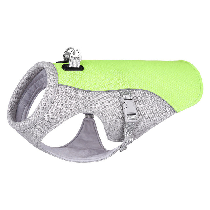 Side view of functional dog cooling vest harness, ideal for hot weather activities