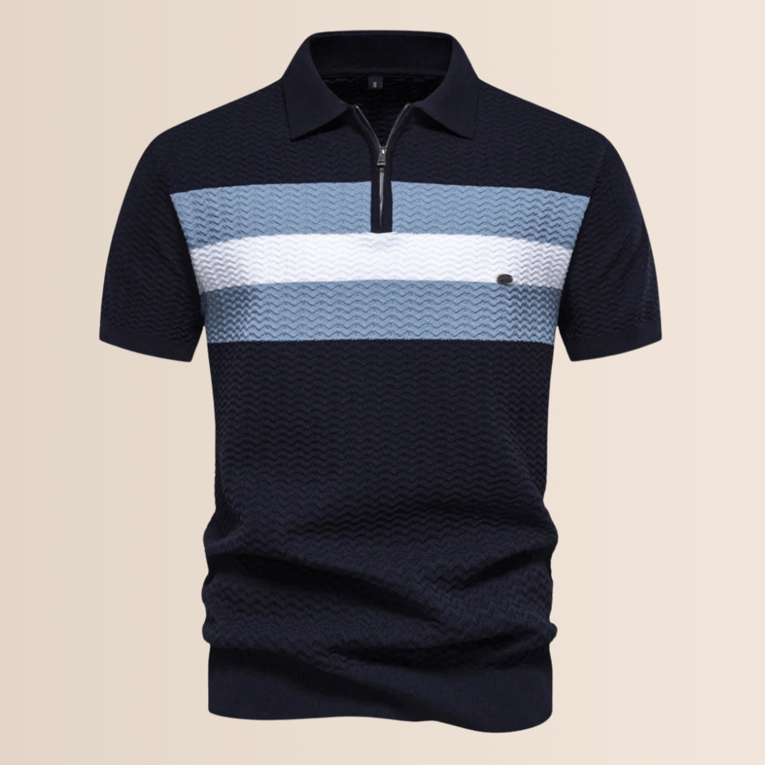 Model wearing men's striped half-zip polo shirt. Perfect men's apparel for business casual or laid-back summer style.