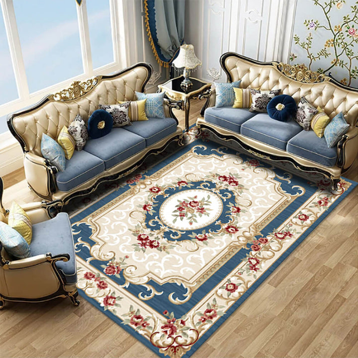 Bohemian floral area rug for living room, vibrant colors, soft polyester, pet-friendly home decor.