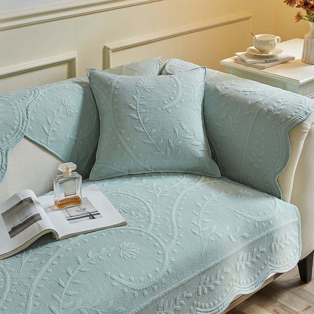 Close-up of a washable boho cotton couch cover, highlighting its unique textured design and durability.