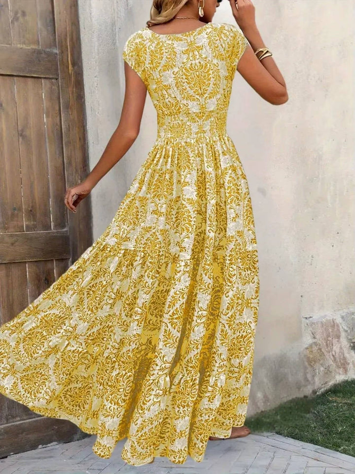 Stylish women's long V-neck maxi dress, embodying effortless boho chic for summer and resort.