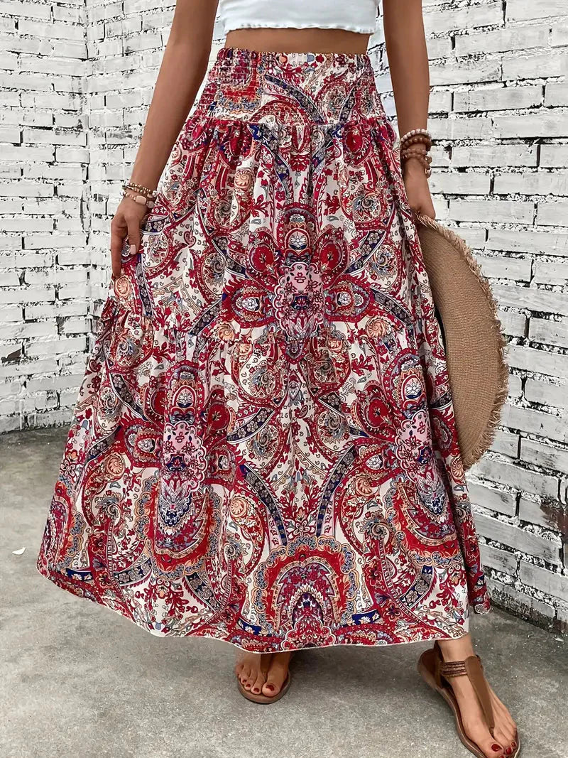 Boho Maxirock Damen, fließend mit Muster und raffinierter Taille, für elegante Looks in Schwarz, Rot oder Braun.