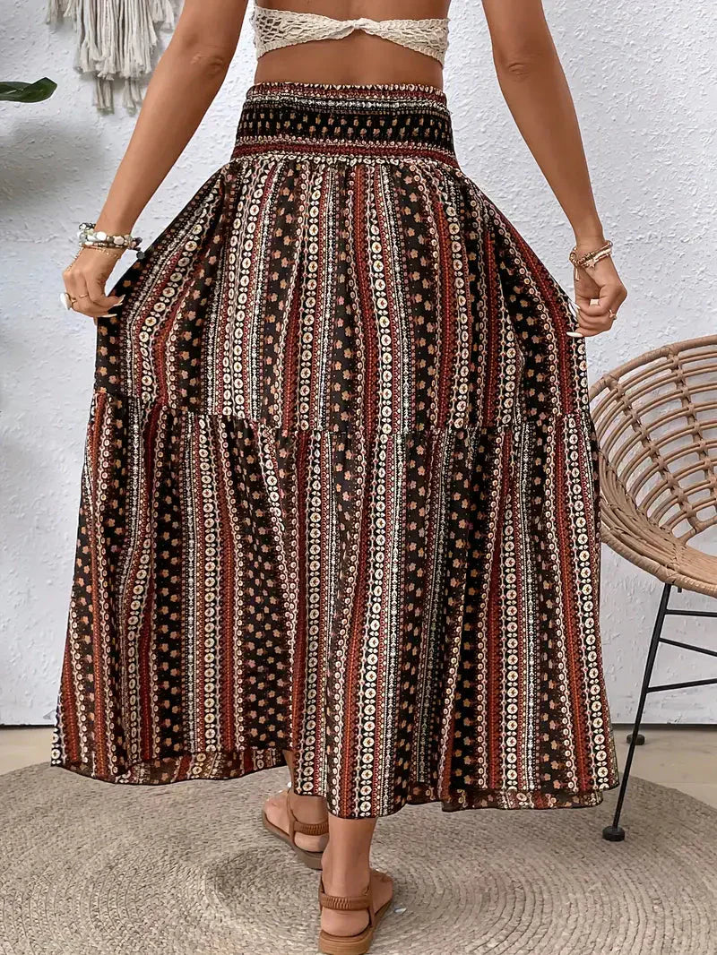 Boho Maxirock Damen, fließend mit Muster und raffinierter Taille, für elegante Looks in Schwarz, Rot oder Braun.