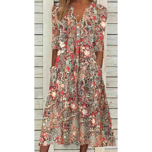 Boho Sommerkleid aus Leinen, elegant mit floralen Mustern, V-Ausschnitt und kurzen Ärmeln, ideal für Frauen in heißen Tagen.
