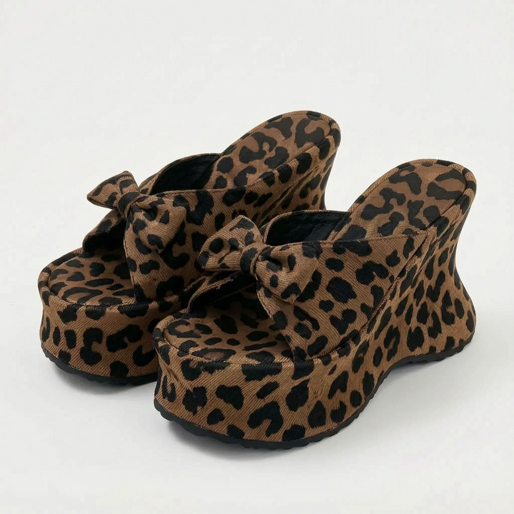 Eye-catching animal print chunky platform slip-on sandals, women's statement heels for any outfit.