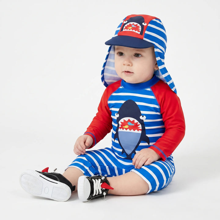 Safe boys' swimwear: UPF 50+ cartoon rashguard & hat set for toddlers. Perfect quick-dry beach & pool wear.