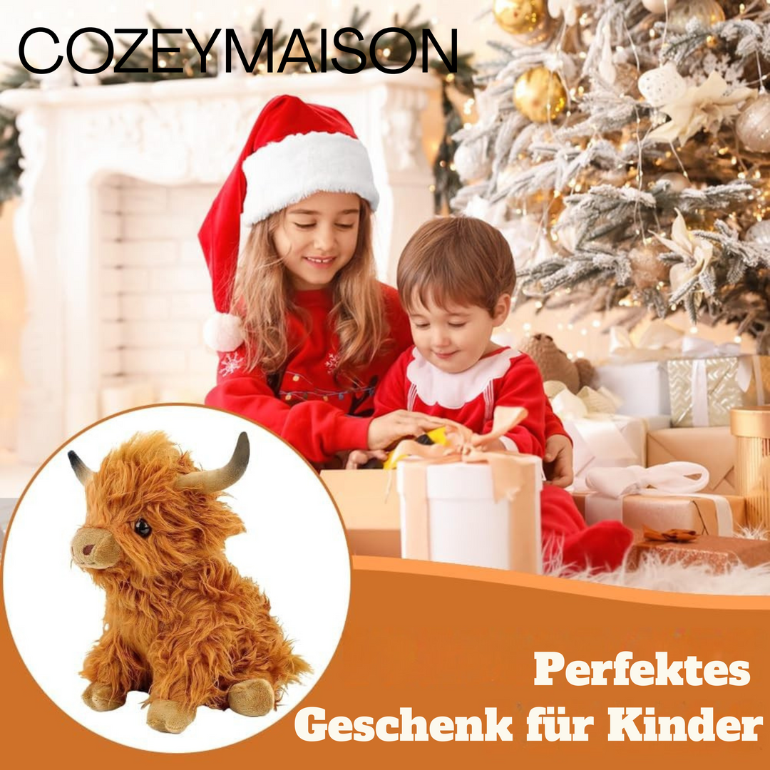 "Braunes Highland Cow Plüschtier, kuschelig weich mit realistischer zotteliger Mähne, ideal für Kinder und Babyzimmer."
