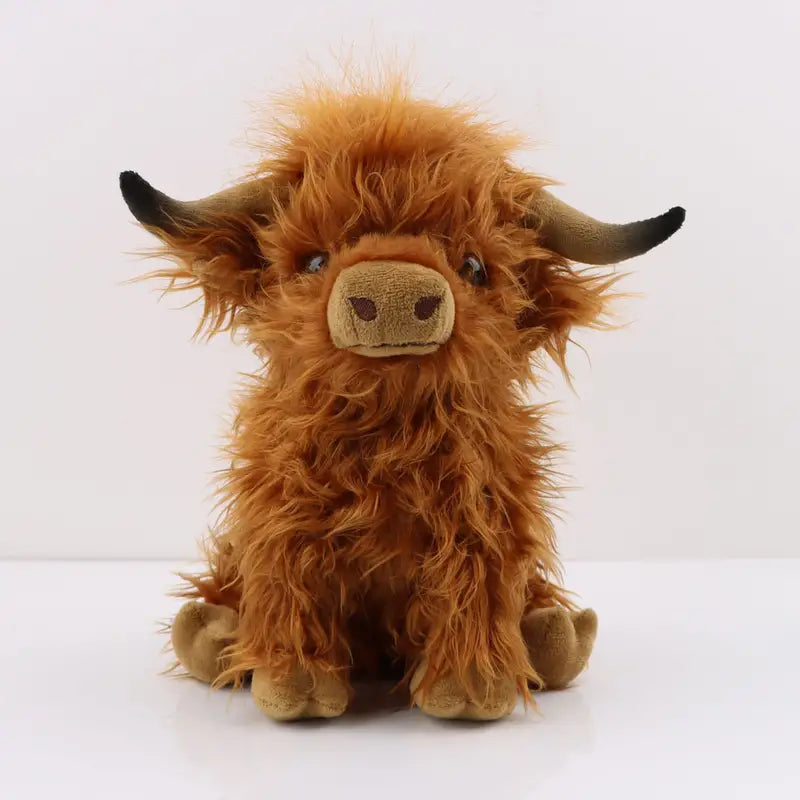 "Braunes Highland Cow Plüschtier, kuschelig weich mit realistischer zotteliger Mähne, ideal für Kinder und Babyzimmer."
