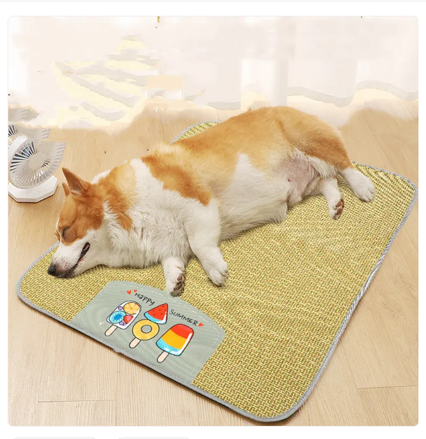 A cat relaxing on a breathable rattan cooling pad, showcasing its comfort and heat-relief properties.