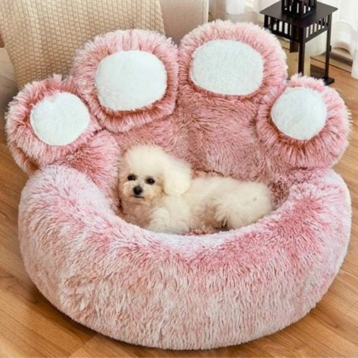 Light gray anti-anxiety pet sofa bed, soft and washable, offering relaxation for dogs, with removable cover.