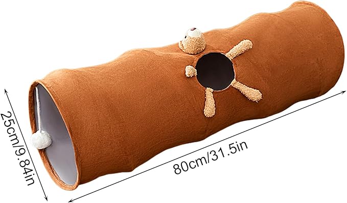 Cat enrichment toy: Brown & gray foldable interactive play tunnel for kittens