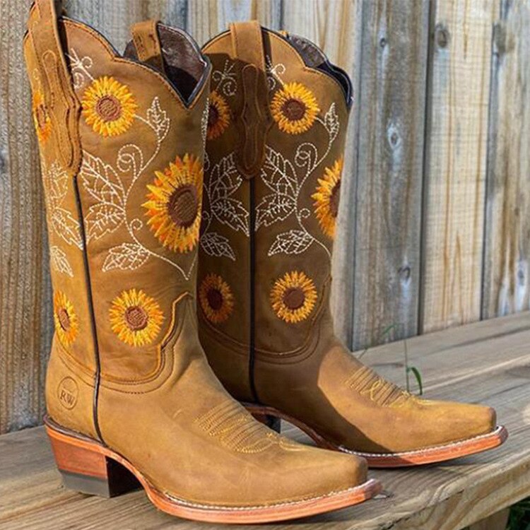 Brown women's Ibiza Spirit ankle boots with boho sunflower details for comfortable everyday fashion.
