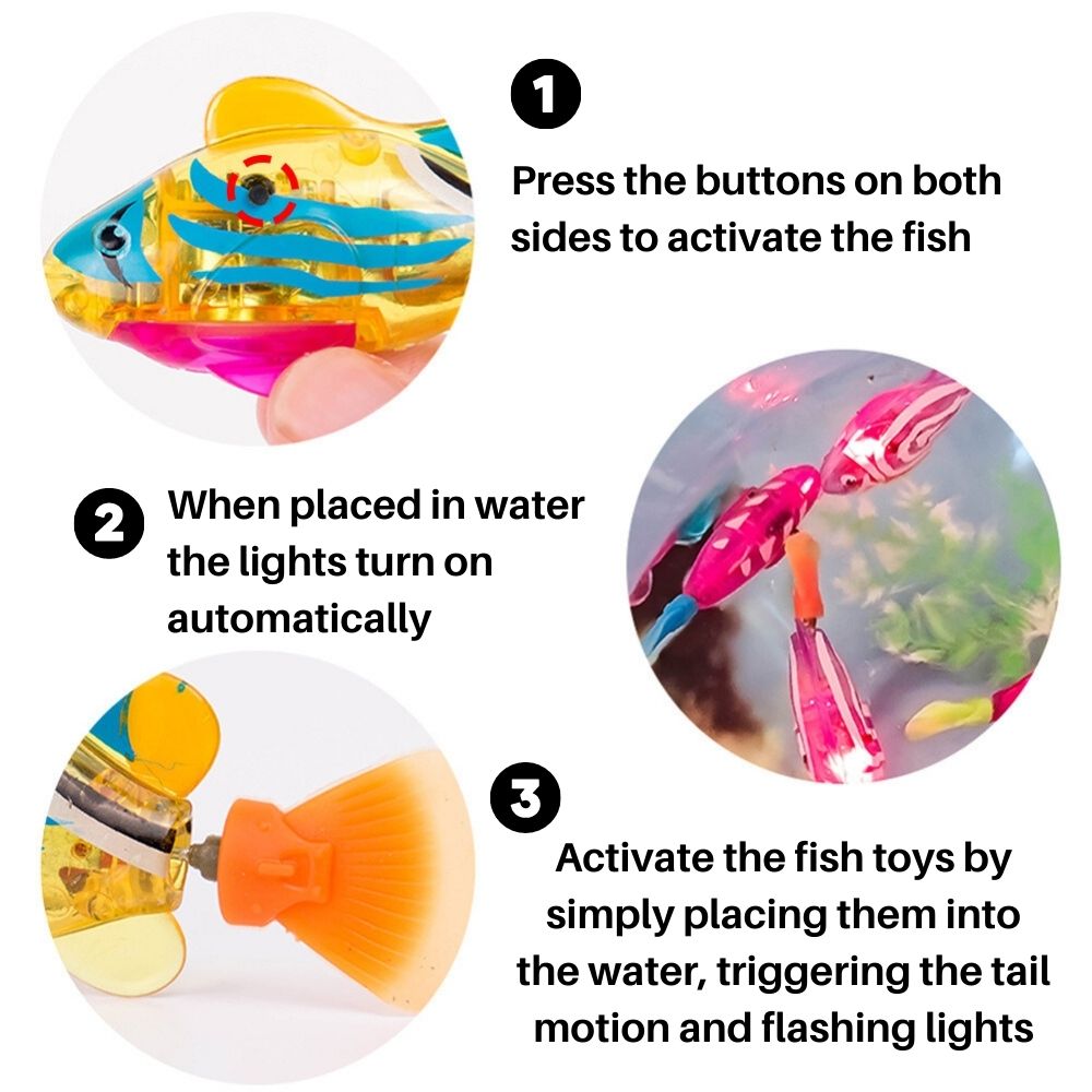 "Bunte interaktive Fischspielzeuge in Aquarium für Katzen, leuchtende Farben, realistische Bewegungen, sensorisches Spiel."