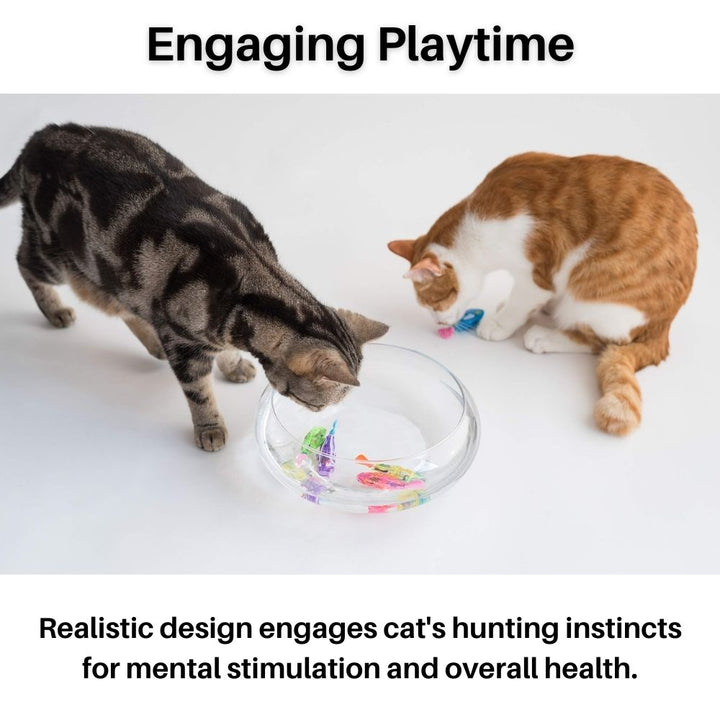 "Bunte interaktive Fischspielzeuge in Aquarium für Katzen, leuchtende Farben, realistische Bewegungen, sensorisches Spiel."