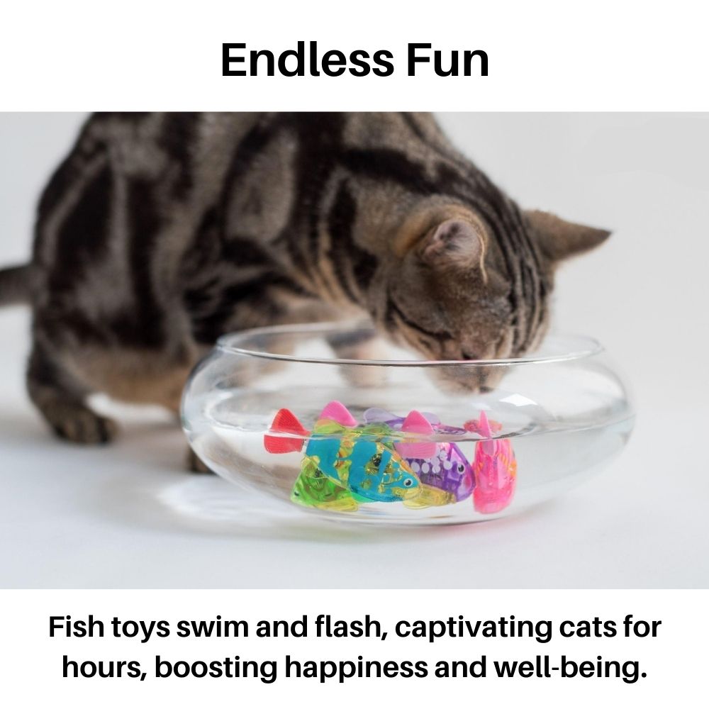 "Bunte interaktive Fischspielzeuge in Aquarium für Katzen, leuchtende Farben, realistische Bewegungen, sensorisches Spiel."