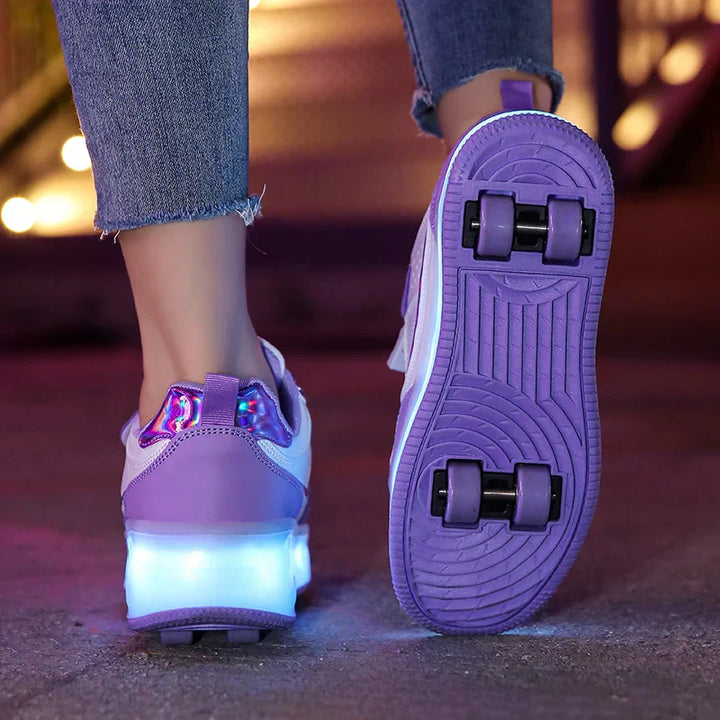 Bunte kinderfreundliche LED Rollschuhe, orthopädisches Design, vier Räder, modisch und funktional, für sicheren Spaß.
