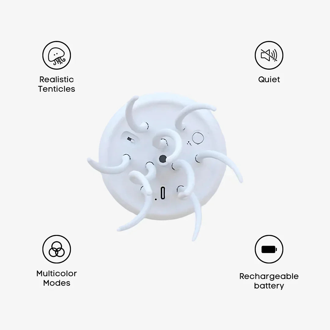 "Bunte LED Quallenlampe mit lebensechten Bewegungen, vielseitigen Farben, ideal zur Deko und Stressabbau im Wohnzimmer."