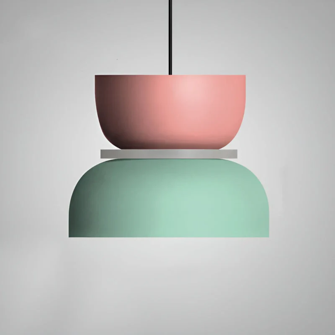 "Bunte Macaron LED Pendelleuchte: Farbige, energiesparende Deckenlampe aus Metall, ideal für moderne Wohnräume."