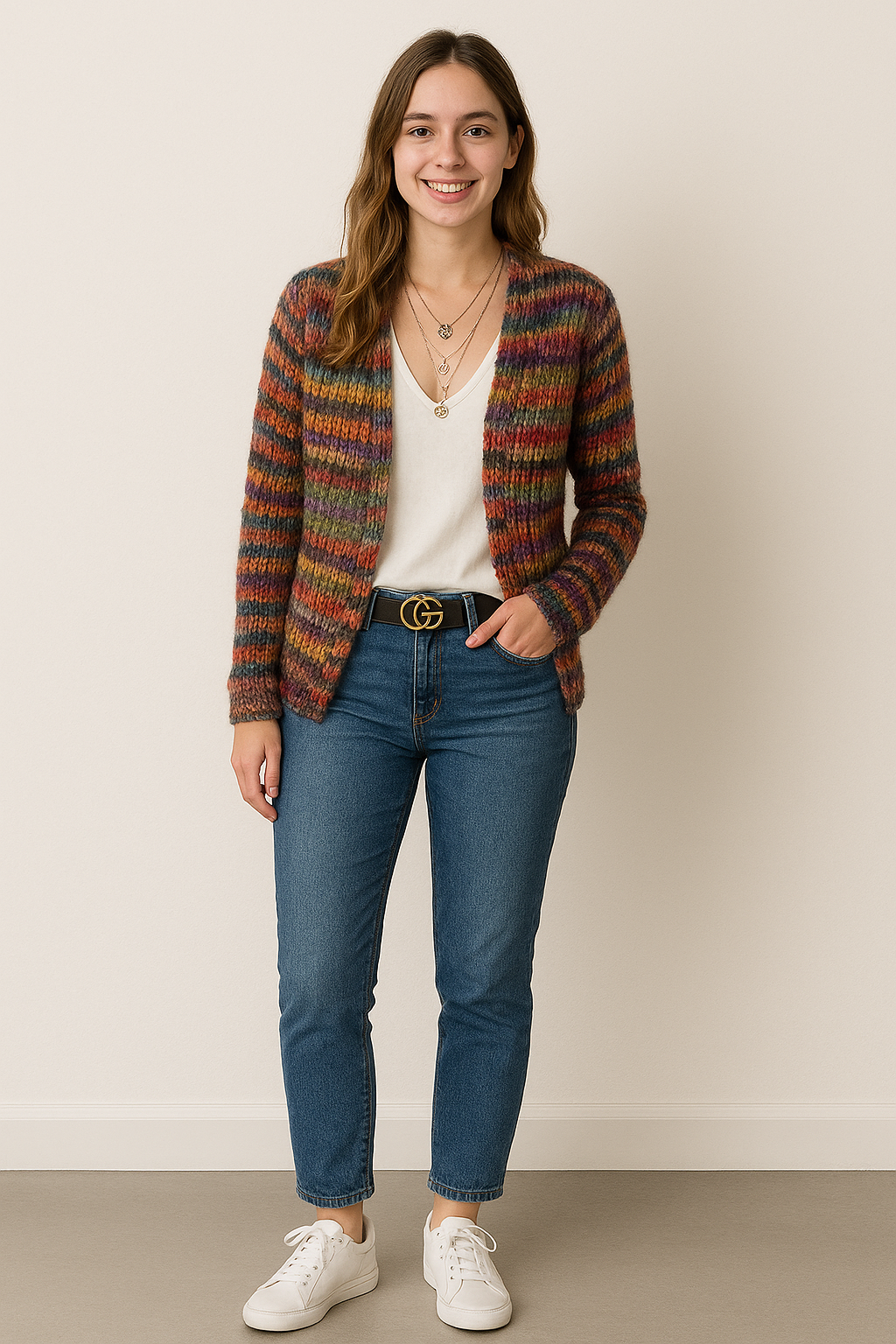 Bunte, warme Strickjacke; mehrfarbig, weich, stilvoll, ideal für Komfort und fröhlichen Look bei kühlen Temperaturen.