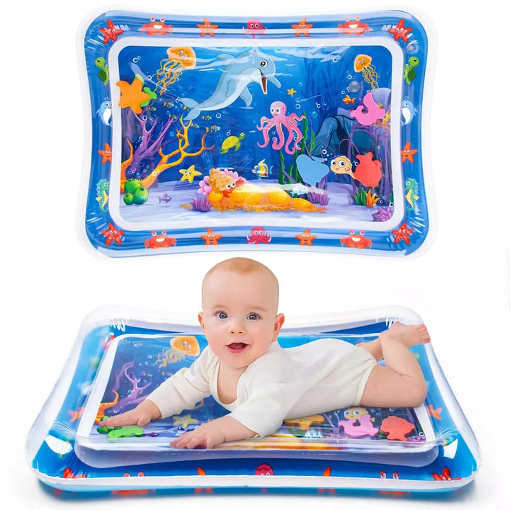 "Bunte Wasserspielmatte für Babys mit Tiermotiven, fördert motorische Fähigkeiten und bietet interaktiven Spielspaß."