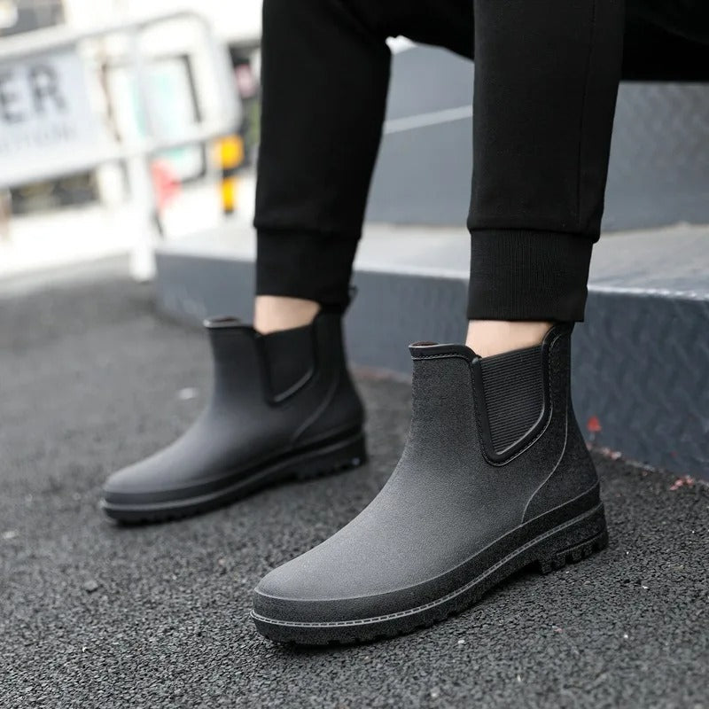 Wet weather women's waterproof Chelsea platform ankle boots. Fashionable slip-on rain boots.