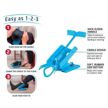 Ergonomic sock assistance device for effortlessly donning compression and regular socks, promoting independence.