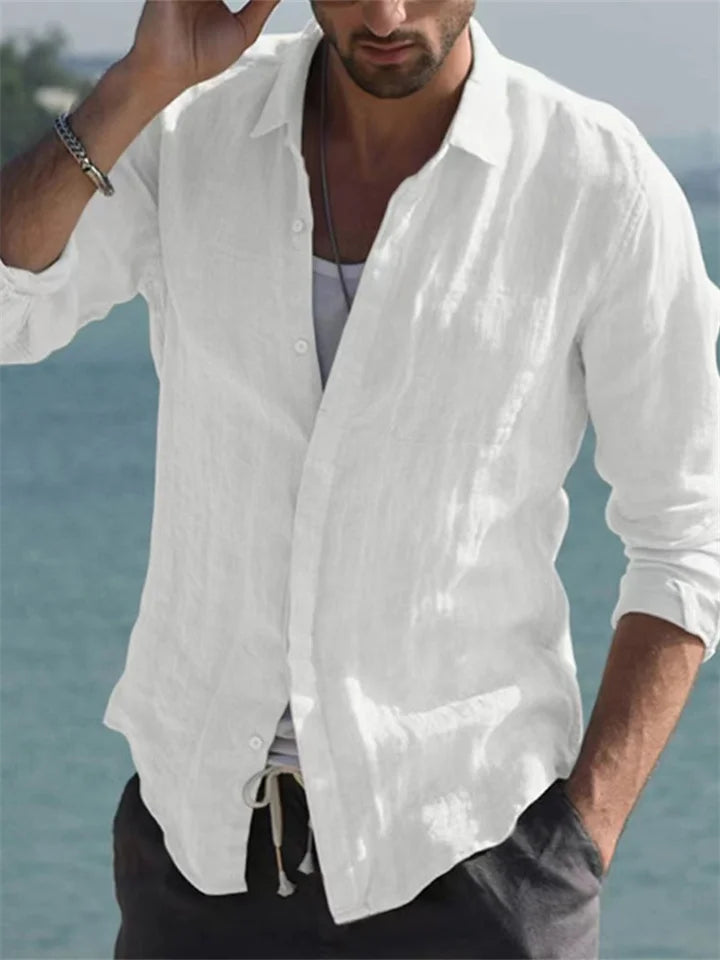 Men's long sleeve button-down summer shirt, tailored fit for breathable comfort in warm weather.