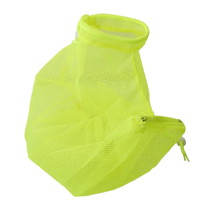 Close-up of mesh cat grooming bag, showing secure fastenings for bathing and nail care, pet grooming