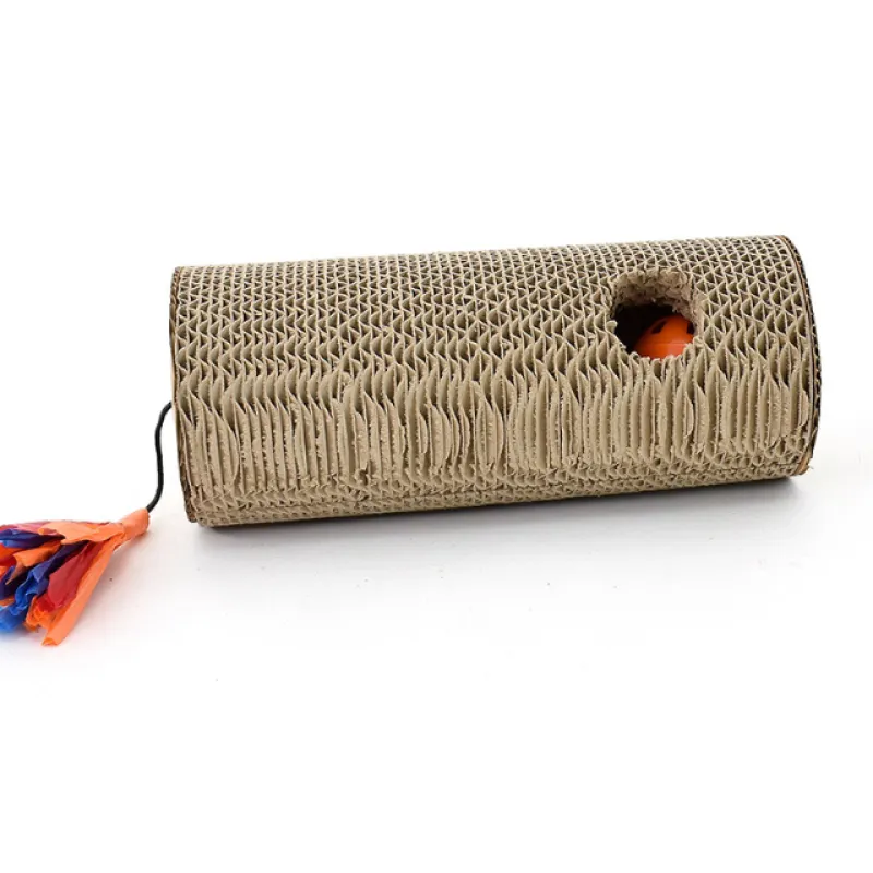 Cardboard cat scratcher roll with vibrant fringes, providing a durable surface for claw care