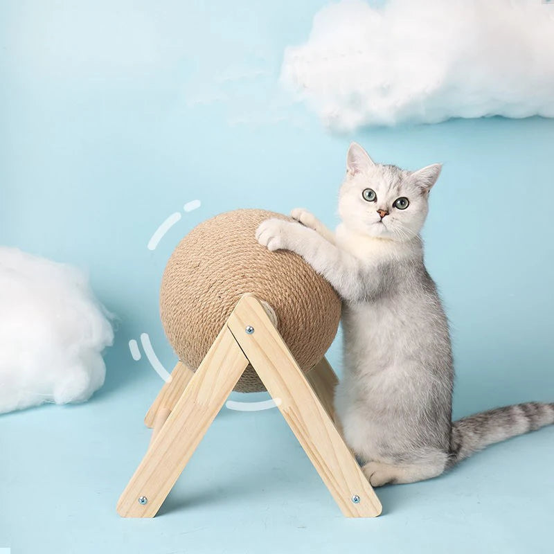 Cat scratching post with durable sisal rope & solid wood base for feline enrichment.