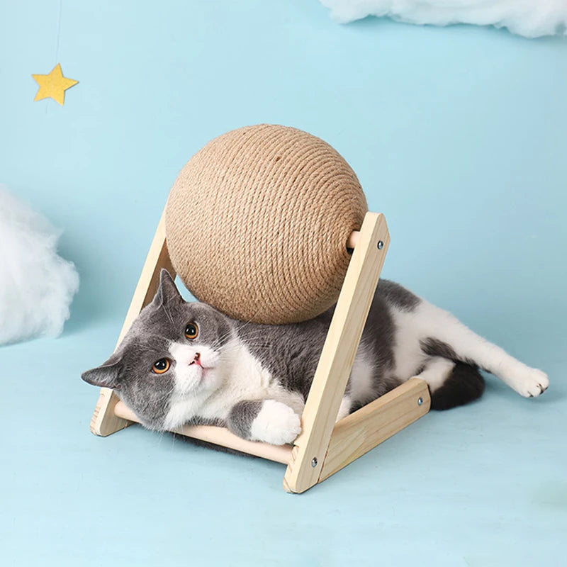 Cat scratcher with sisal rope and an engaging solid wood toy, promoting healthy scratching.