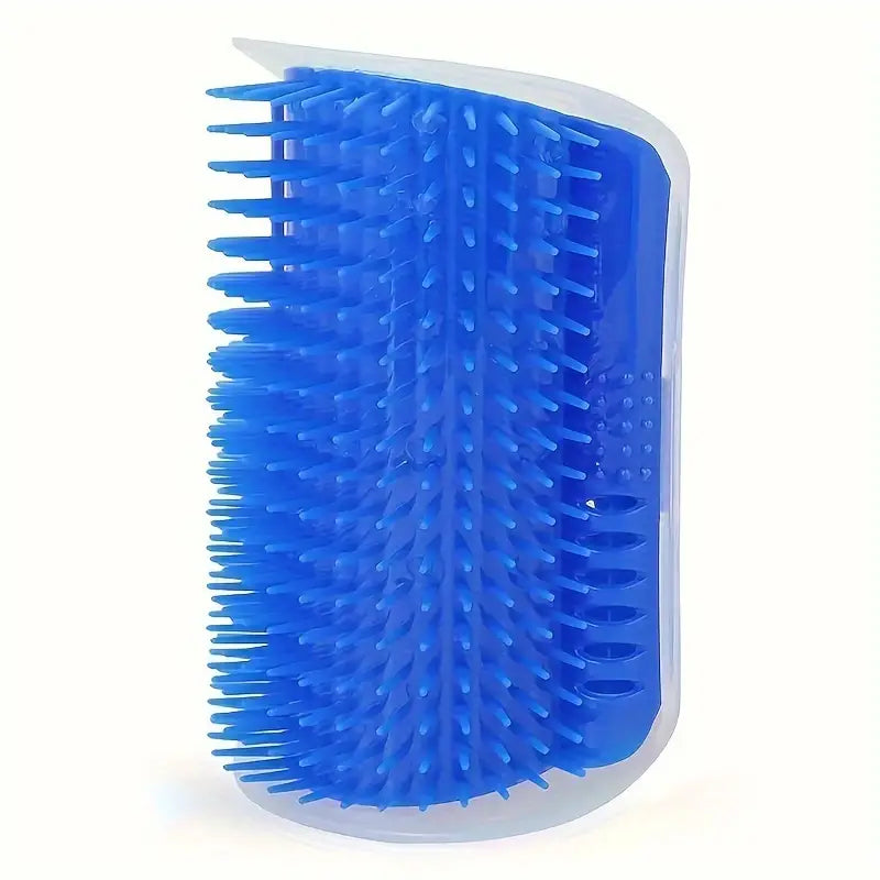 Cat grooming tool: corner-mounted brush with catnip insert for pet care and comfort