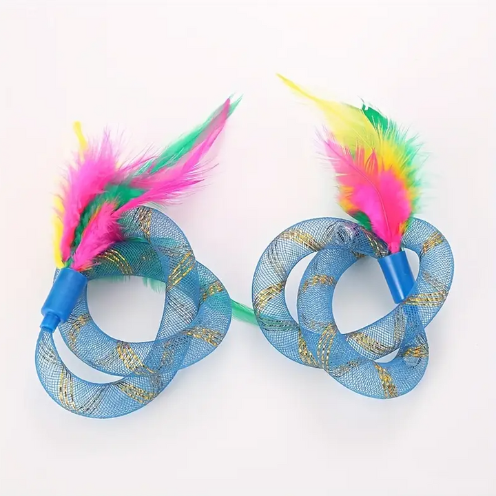 Interactive cat feather toy with durable mesh rings for stimulating cat exercise and fun
