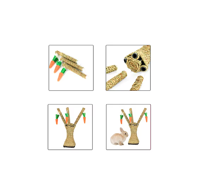 Cat tree with durable sisal scratching areas and cute hanging carrot toys for feline fun.