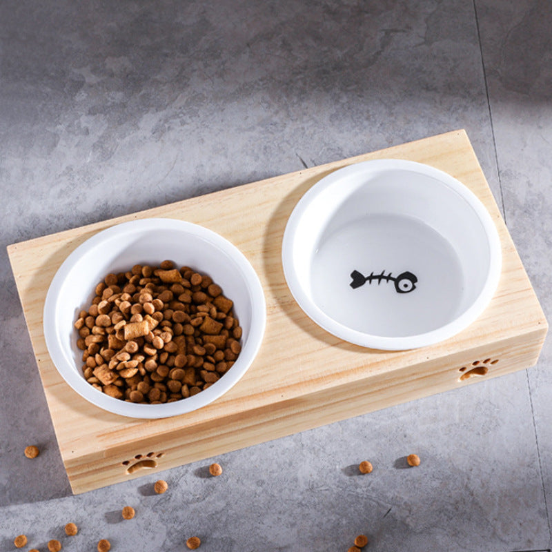 Cat Wood Design Ceramic Feeding Bowl for food, stylish pet accessory with wooden base