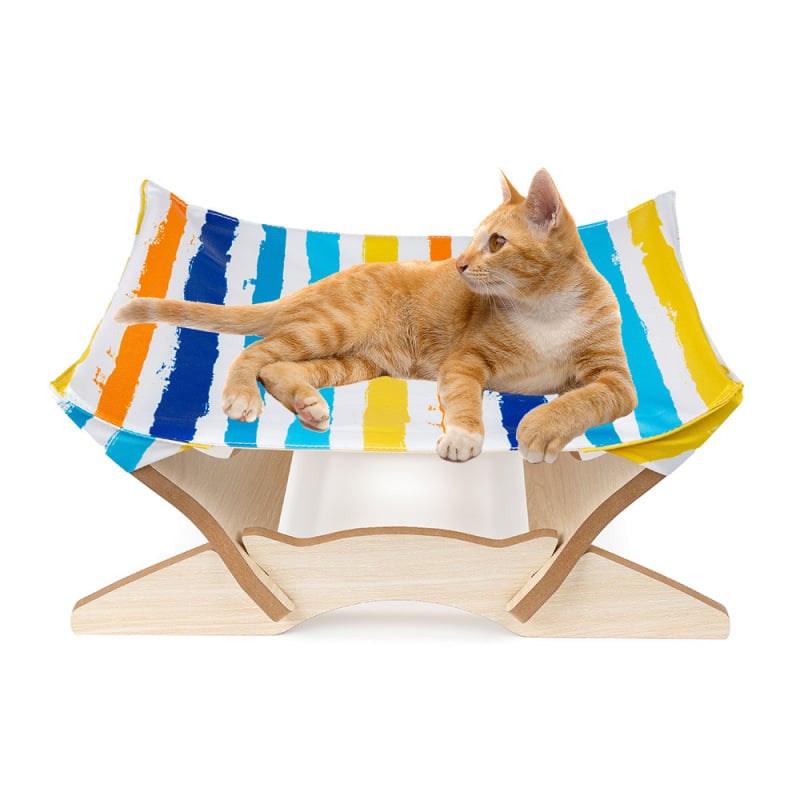 Wooden cat bed with vibrant striped cover, perfect pet furniture for felines.