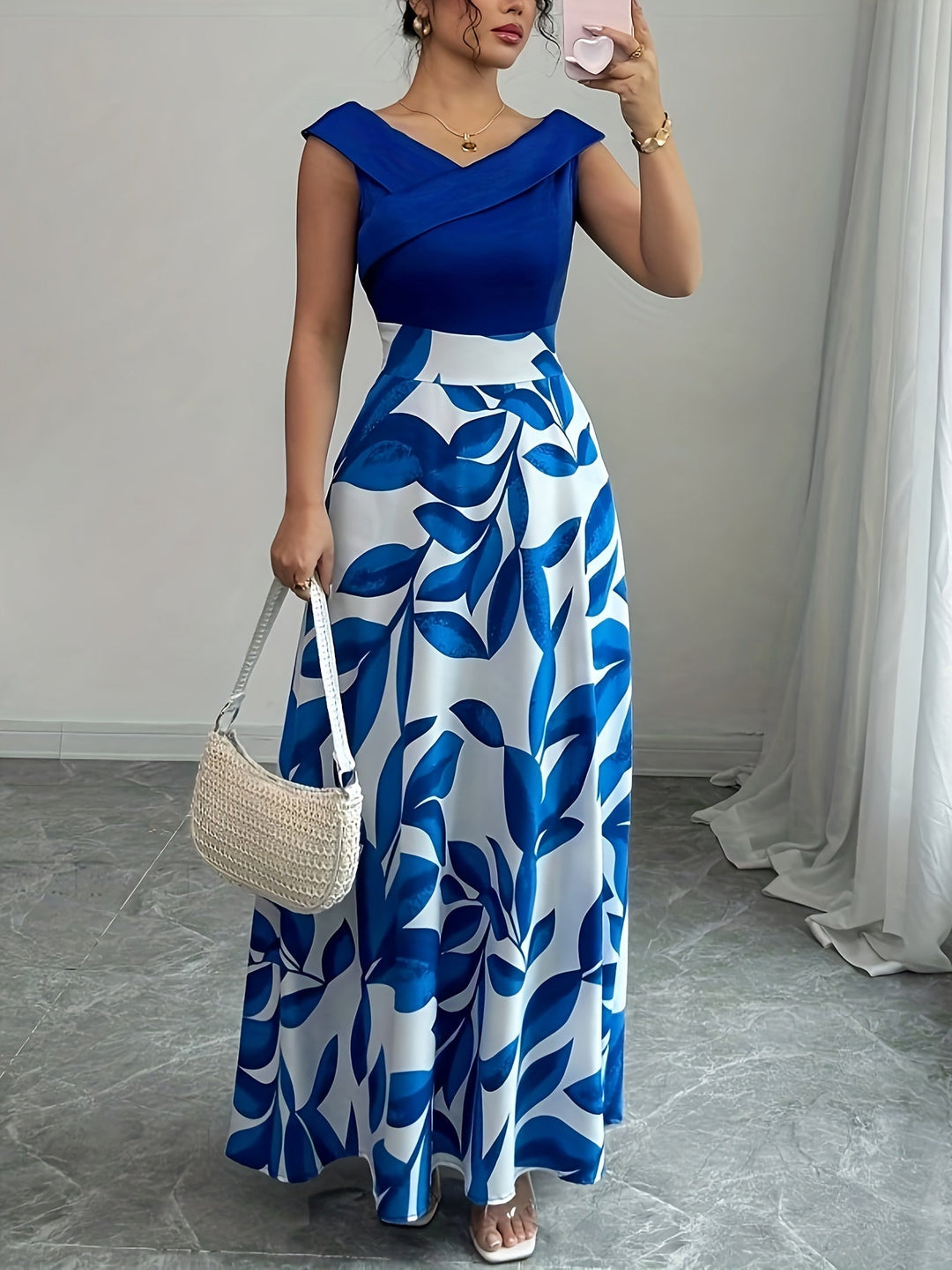 Women's formal evening wear: chic A-line V-neck gown, exquisite choice for wedding guest attire.