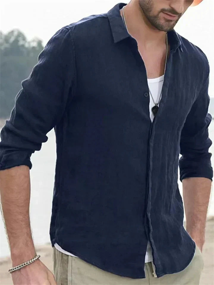 Versatile men's summer shirt, long sleeve button-down design, breathable fabric for everyday.