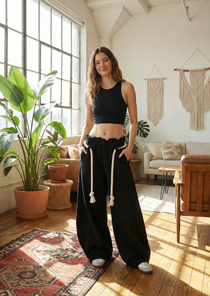 Women's barrel leg high waist sweatpants in solid color, perfect for modern loungewear and casual style.