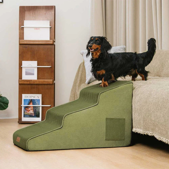 Chenille extra wide non-slip pet stairs for small dogs with removable dark grey cover