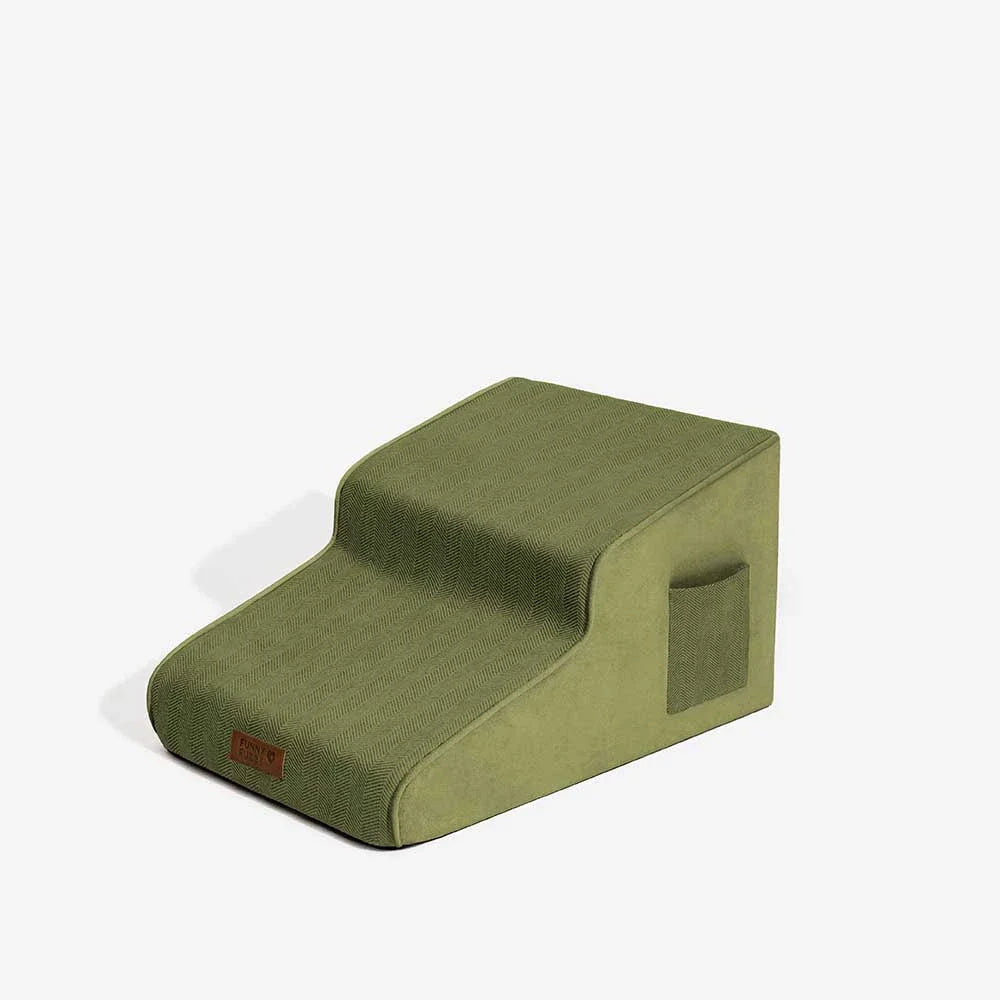 Detail of easy-clean removable chenille cover on pet stairs for hygiene