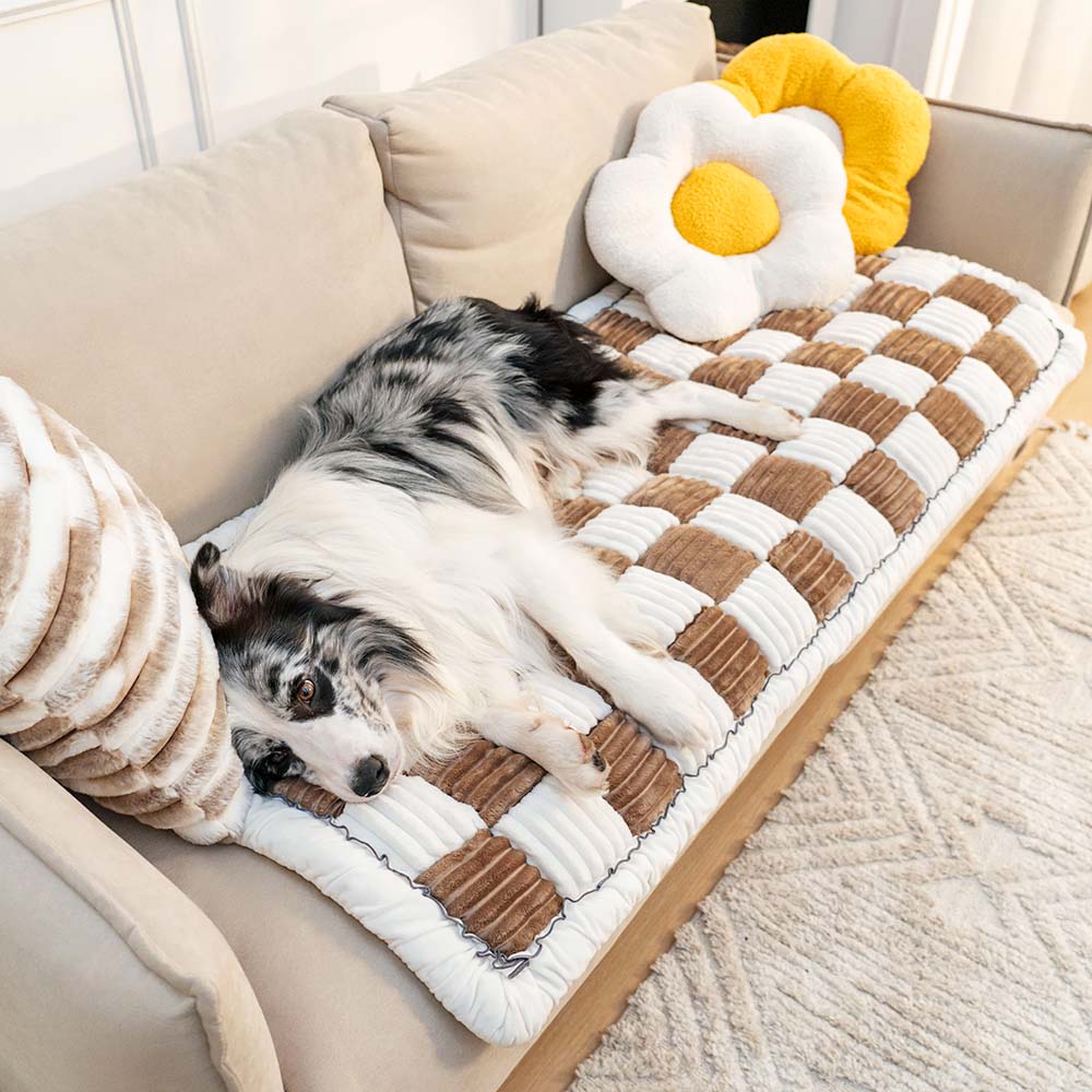 Non-slip pet furniture protector draped over a sofa, keeping it clean for pets