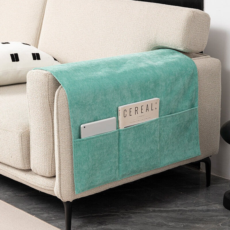 Durable chenille sofa armrest cover with storage pockets, non-slip design for furniture protection