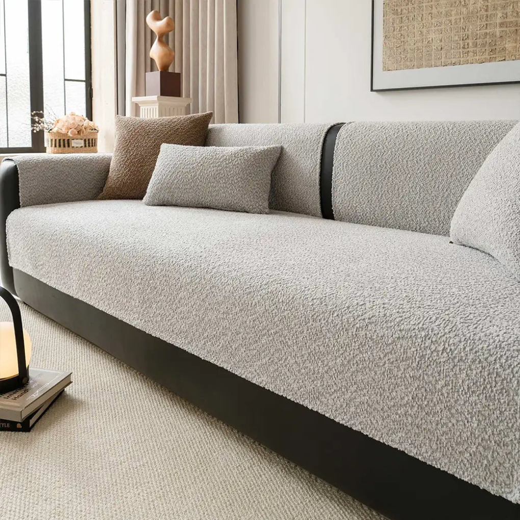 Close-up of soft chenille fabric sofa cover, showing texture suitable for pet-friendly home decor