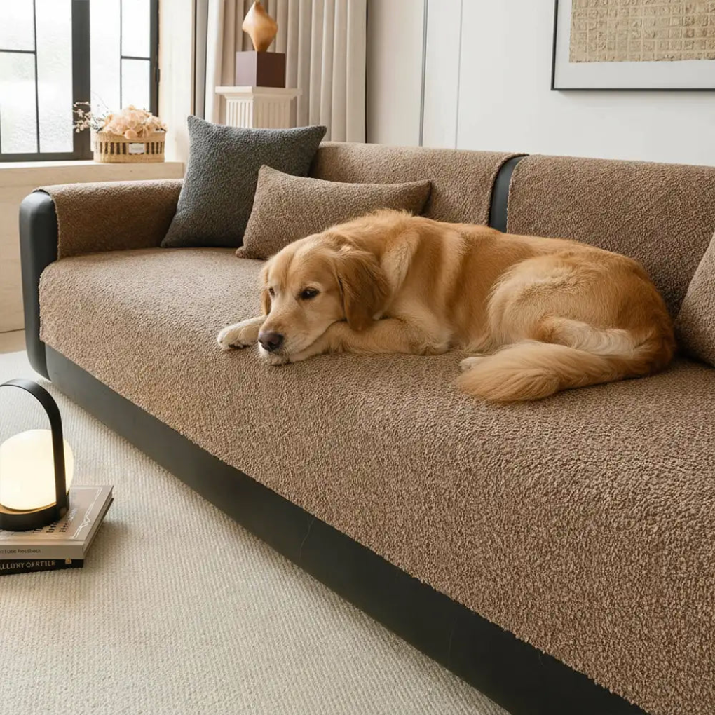 Gray chenille sectional sofa slipcover providing full coverage and all-season couch protection