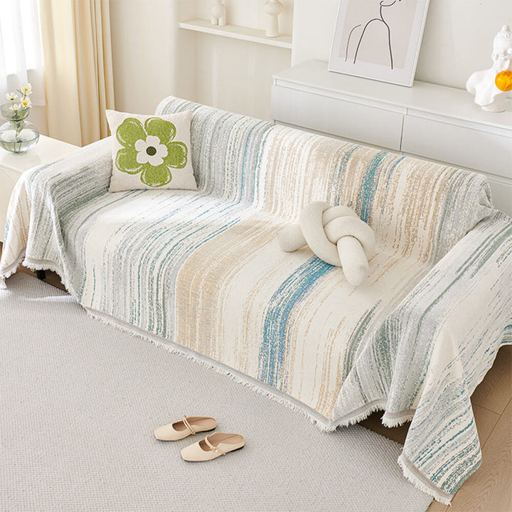 Bohemian living room sofa throw, chenille fabric, stylish fringe and ombre design