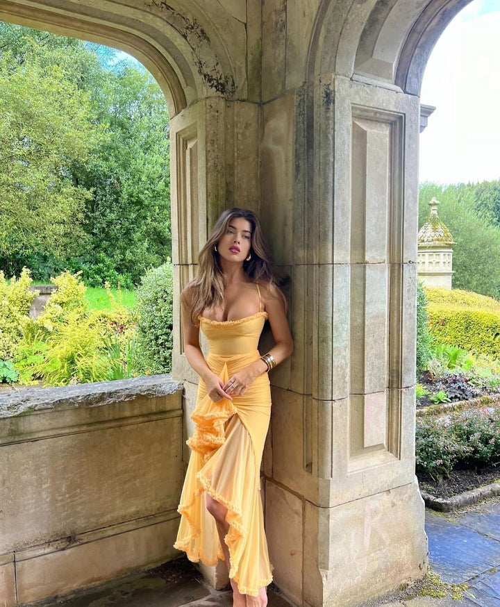 Maxi ruffle dress, a chic and elegant wedding guest outfit. Women's formal wear for summer parties.